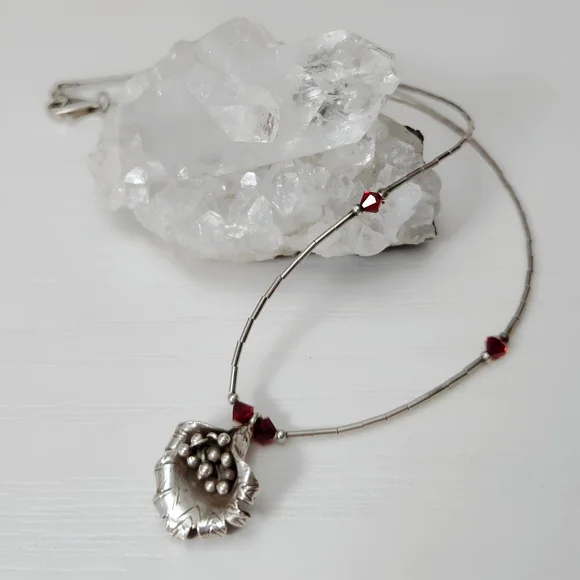 Southwestern Sterling Squash Blossom Liquid Silver Red Crystal Bead Necklace 16" - Picture 14 of 14